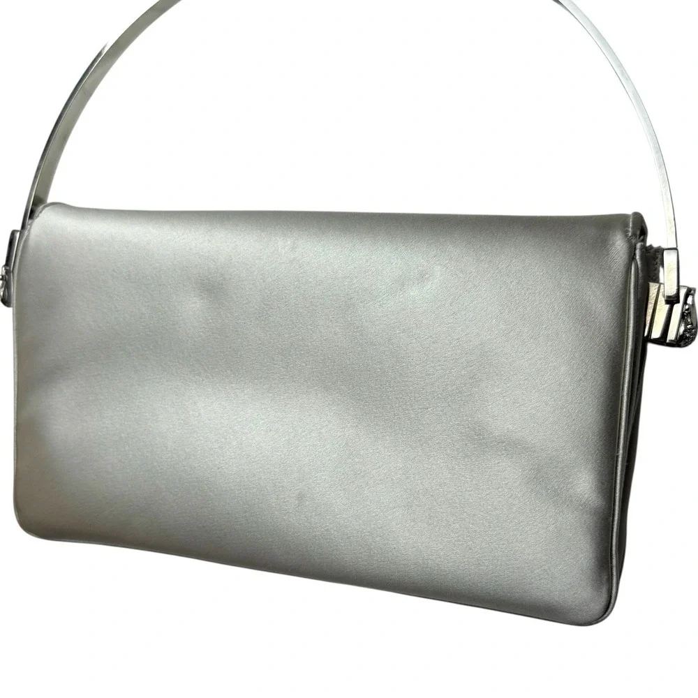 Vintage Judith Leiber‎ Silver Soft Boom Clutch Crystal Handle Evening Event